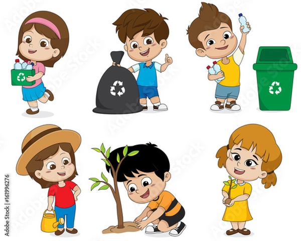 Fototapeta kid help save the world by collecting plastic bottles recycled, garbage drops into the bin and plant trees.
