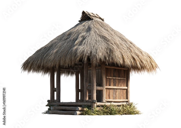 Fototapeta Rustic thatched hut, simple design,  wooden frame,  grassy roof