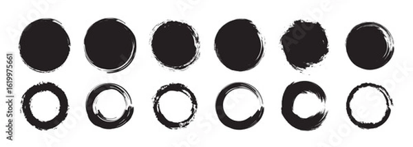 Fototapeta Set different circle brush strokes, hand drawn paint brush circle logo frame – for stock  Set of black grunge circles shapes on a white background.