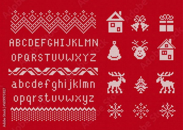 Fototapeta Knit seamless ornament. Christmas pattern with snowman, house, gift box, snowflake, trees and alphabet. Fair isle festive Xmas ugly elements. Sweater xmas border. Knitted print. Vector illustration