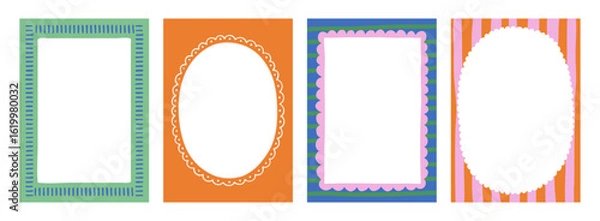 Fototapeta A trendy collection of vector frames and backgrounds with hand-drawn borders, abstract wavy lines retro-inspired patterns. Frames in playful colors. For invitations, posters, social media templates
