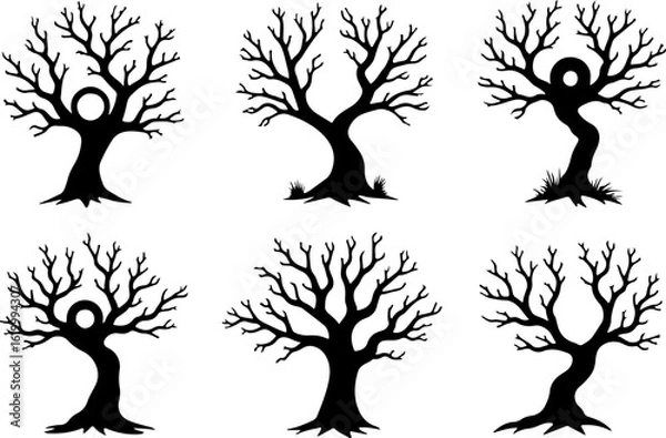 Obraz Set of trees silhouettes, tree, nature, branch, vector, silhouette, leaf, illustration, plant, spring, autumn, design, season, summer, flower, trunk, winter, art, wood, black, ecology, garden, environ