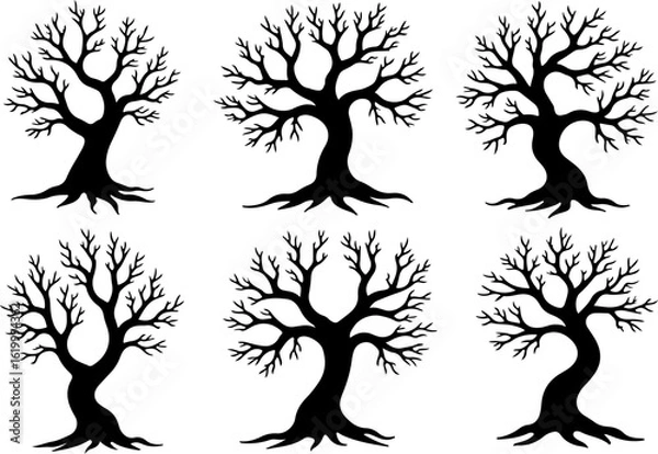 Obraz Set of trees silhouettes, tree, nature, branch, vector, silhouette, leaf, illustration, plant, spring, autumn, design, season, summer, flower, trunk, winter, art, wood, black, ecology, garden, environ