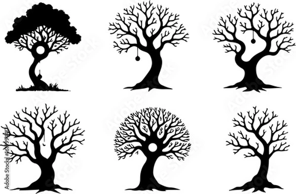 Obraz Set of trees silhouettes, tree, nature, branch, vector, silhouette, leaf, illustration, plant, spring, autumn, design, season, summer, flower, trunk, winter, art, wood, black, ecology, garden, environ