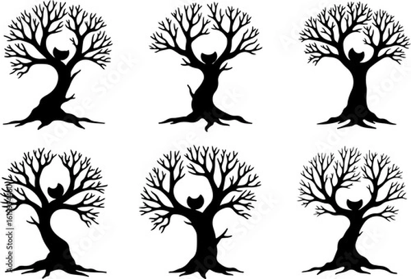 Obraz Set of trees silhouettes, tree, nature, branch, vector, silhouette, leaf, illustration, plant, spring, autumn, design, season, summer, flower, trunk, winter, art, wood, black, ecology, garden, environ