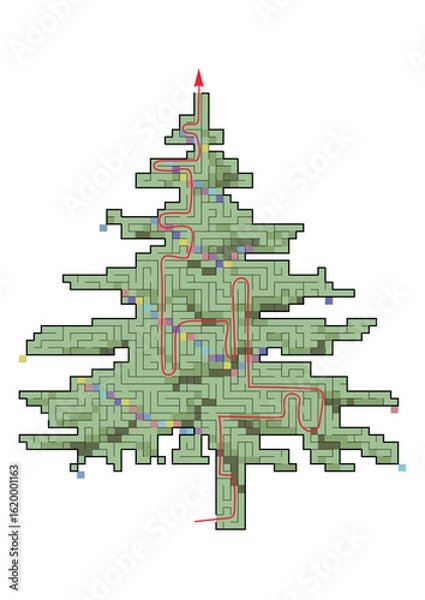 Fototapeta Complex maze puzzle game. Christmath tree as a labyrinth No.4 with way. Puzzle for Christmas or New Year holiday. EPS 10, vector illustration