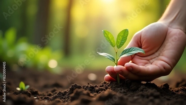 Fototapeta A gentle hand nurturing a young plant in rich soil, symbolizing growth, new beginnings, and environmental stewardship.