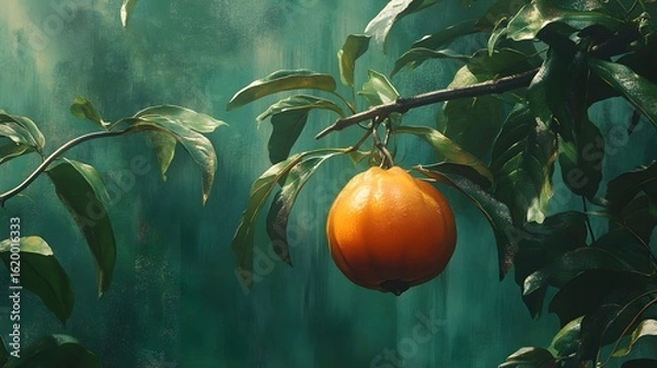 Fototapeta Lush fruit background featuring a vibrant orange persimmon hanging from a branch amidst glossy green leaves, set against a textured green backdrop, creating a natural and captivating scene.