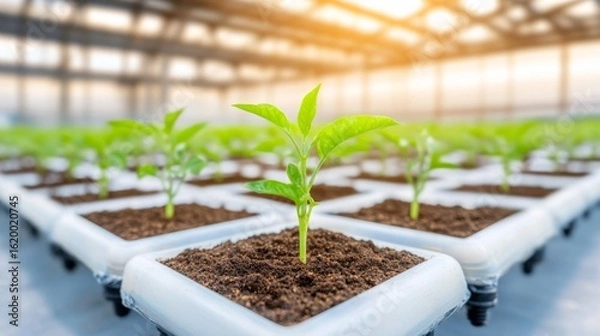 Obraz Vibrant organic chili peppers in a modern greenhouse, automated irrigation, efficient farming, lush green leaves, ready for harvest