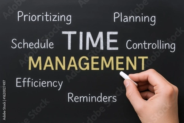 Fototapeta Effective Time Management Strategies Illustrated: A Chalkboard Concept for Productivity and Organization