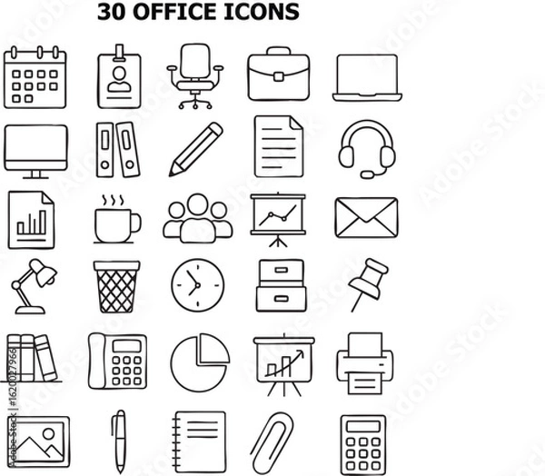Fototapeta A diverse collection of 30 monochrome office icons representing various tools and elements found in modern workplaces for enhanced productivity and organization in tasks.