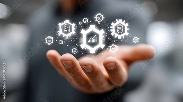 Fototapeta IT Consulting. Businessman holds digital consulting network connecting icon representing IT solutions, focusing on innovation, strategy, optimization, growth, and technology-driven success