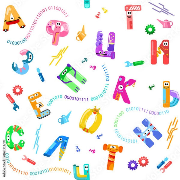 Fototapeta Cyrillic alphabet like different robots in seamless pattern / There are vowels of the Cyrillic alphabet in seamless pattern. The letters belong to Russian, Ukrainian and Bulgarian alphabet
