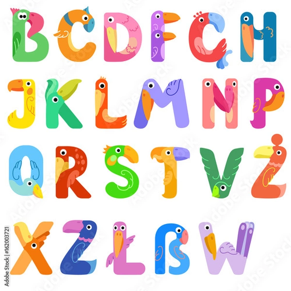 Fototapeta Consonants of the Latin alphabet like different birds / There are vowels of the Latin alphabet with eyes, beaks, and wings. The letters belong to English, Polish and German alphabet
