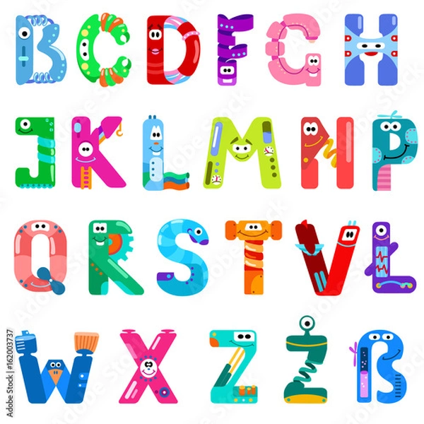 Fototapeta Consonants of the Latin alphabet like different robots / There are consonants of the Latin alphabet with eyes, mouths, and gears. The letters belong to English, Polish and German alphabet
