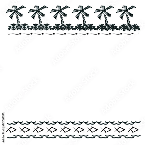 Fototapeta Tropical top & bottom boarders. Palm trees, foliage & waves on top. Waves & fish on the bottom.