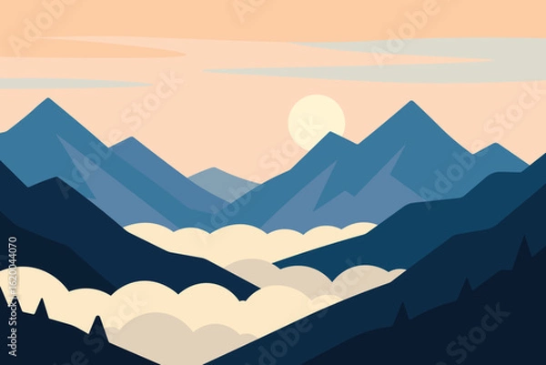 Fototapeta Minimalist Mountain Landscape with Clouds and Sun