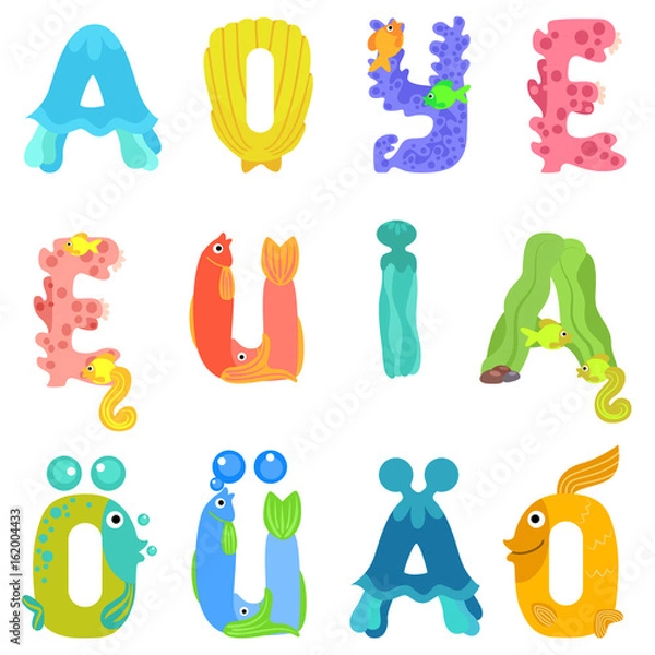 Obraz Vowels of the Latin alphabet like sea inhabitants / Vowels of the Latin alphabet with eyes, mouths, and fins. The letters are belong to English, Polish and German alphabet