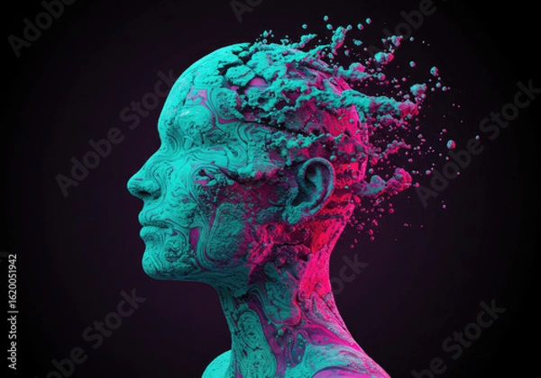 Fototapeta Human Profile Dissolving into Neon Turquoise and Magenta Sound Wave Ribbons