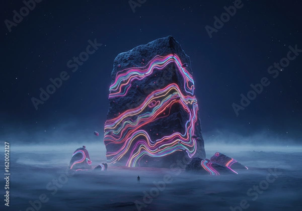 Fototapeta Massive Abstract Monolith Formed from Vibrant Neon Paint in a Cosmic Atmosphere