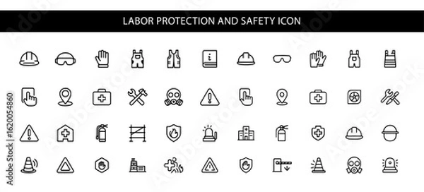 Fototapeta set of Labor protection and safety Outline Vector Icon Collection.  outline icons related to Insurance, Fire exit, Notification, Safety signs, Overalls and more. Editable stroke. Vector illustration