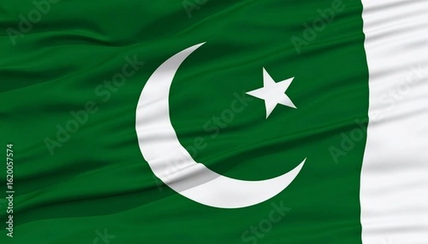 Fototapeta Pakistani flag with white crescent moon and star on deep green field, vertical white stripe, symbolizing peace and progress