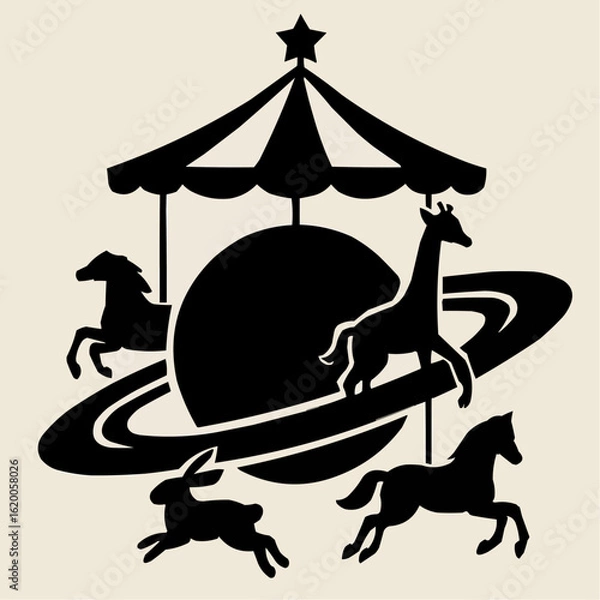 Fototapeta Black silhouette vector illustration set of funny wild and pet animals on a merry-go-round carousel with horses