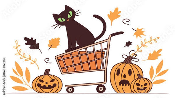 Fototapeta A festive black cat sits atop a shopping cart surrounded by carved pumpkins and autumn leaves embodying the spirit of halloween shopping and seasonal decorations