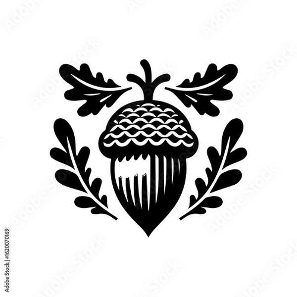 Obraz Stylized Black Acorn with Oak Leaves Emblem.