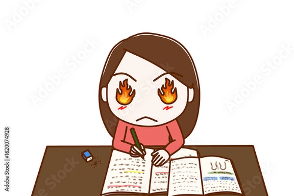 Fototapeta （上半身正面）目から炎を出して気合を入勉強を頑張る女性