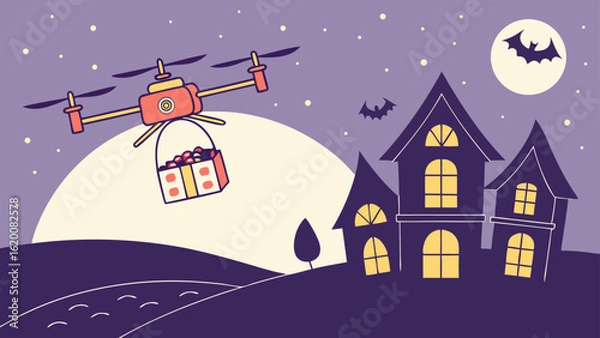 Fototapeta A halloween drone delivers candy to spooky houses under a full moon with bats flying in the night sky