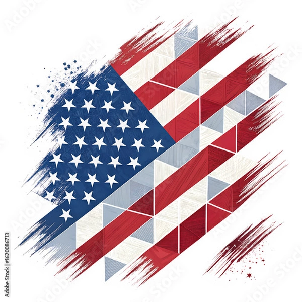 Fototapeta Diagonal abstract american flag with geometric pattern and brush stroke effect, in red, white, and blue, symbolizing patriotism and freedom, isolated on transparent background