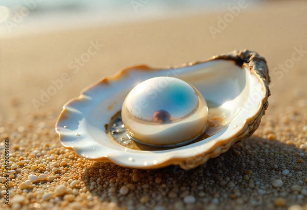 Fototapeta Iridescent Pearl in an Open Oyster Shell on the Beach