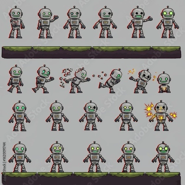 Fototapeta Vector sprite sheet of a broken robot character in multiple states: idle, glitching, falling apart, and sparks, for side-scrolling platform game.