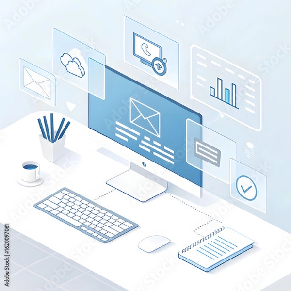 Fototapeta Isometric desk with computer and digital interface elements