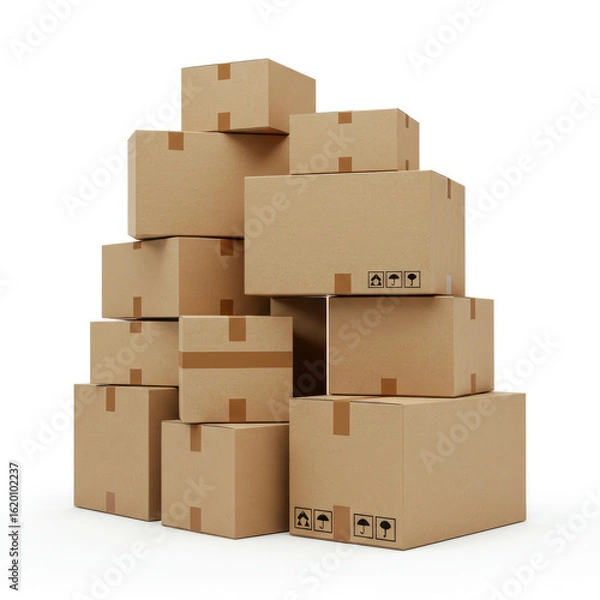 Fototapeta Stacked Cardboard Boxes for Shipping and Storage on White Background