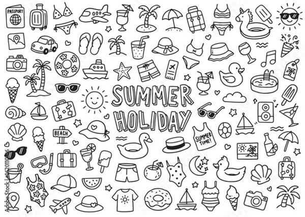 Fototapeta Summer Holiday icons compilation set.  Vector art simple illustration icon set for web, t-shirt design, other graphic design use