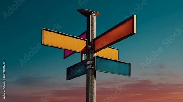 Fototapeta Colorful Stylized Direction Signpost against Vibrant Gradient Sky Representing Choices and Navigation in Modern Conceptual Design