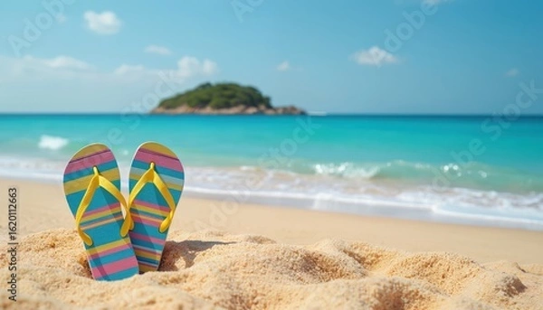 Fototapeta Colorful striped flip-flops rest on a sandy beach. Vibrant blue ocean waves wash ashore under a clear sky. These sandals represent summer vacation, relaxation, and tropical travel fun.
