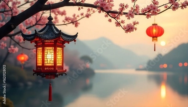 Fototapeta Pagoda lantern hangs from cherry blossom tree, Japanese lantern cherry blossom spring, Asian architecture and cultural tradition, created with generative ai