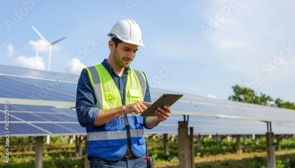 Fototapeta Male engineer in a hard hat using a digital tablet for inspecting solar panels at a renewable energy farm with a wind turbine in the background.