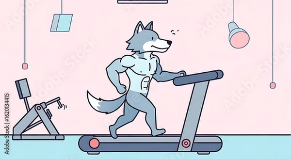 Fototapeta A strong muscle wolf cartoon character diligently running on a treadmill, focusing on a cardio workout and fitness in a modern gym. generated-image(217).png