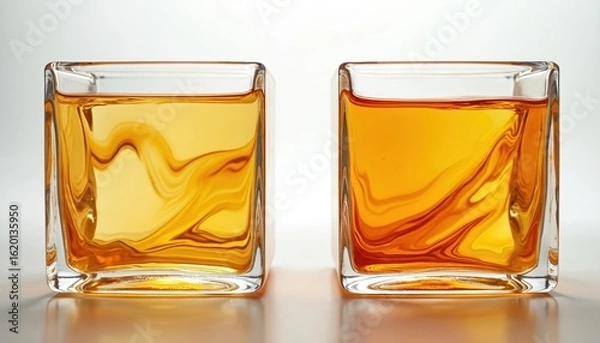 Fototapeta Two square glass blocks showcase abstract amber, golden yellow liquid swirls. Semitransparent containers feature clear, fluid with luminous gradient patterns. Shiny, bright surfaces reflect light,