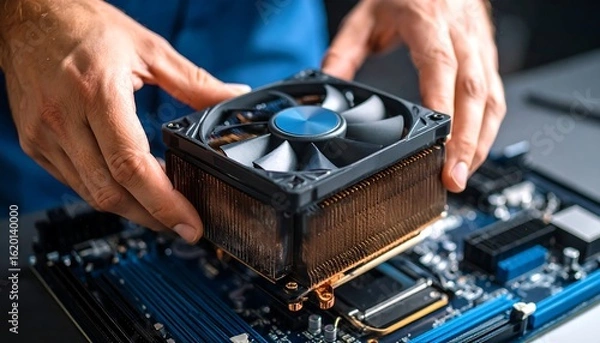 Fototapeta Installing CPU cooler on computer motherboard.