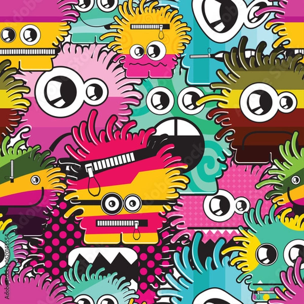 Fototapeta Seamless vector pattern featuring colorful cartoon monster faces with quirky expressions and zipper details. Fun and playful design, ideal for children’s products, textiles, wrapping paper, 
