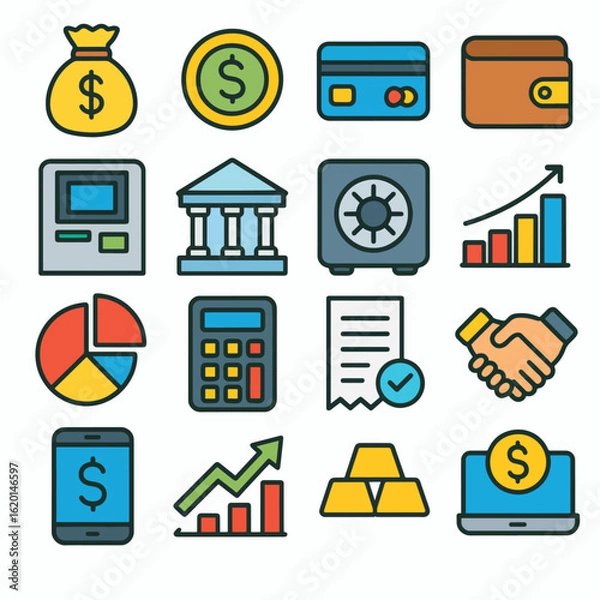 Obraz A set of financial icons for fintech, banking apps, payments, crypto, and the economy. Generative AI.