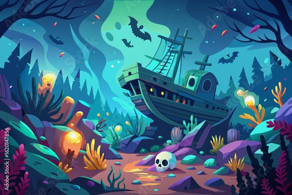 Fototapeta Surreal Vector Illustration of a Haunted Shipwreck in the Clouds