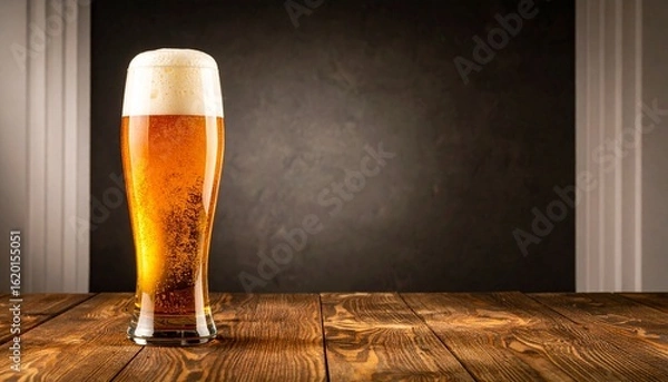 Obraz Beer Glass on Table, Minimalist Black Background Still Life
