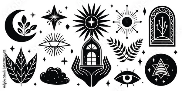 Fototapeta Black and white mystical celestial design elements collection for spiritual concepts and occult practices