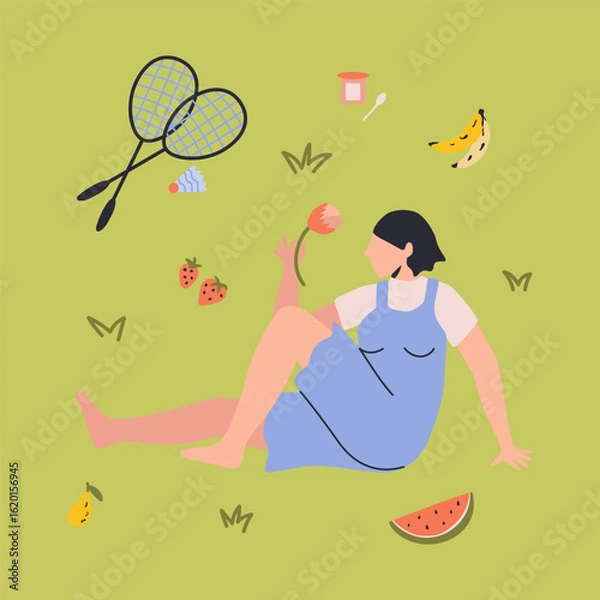 Fototapeta Girl on a picnic in summer park with badminton. Illustration of relaxing woman alone with a drink in a quiet place. Cartoon vector illustration.